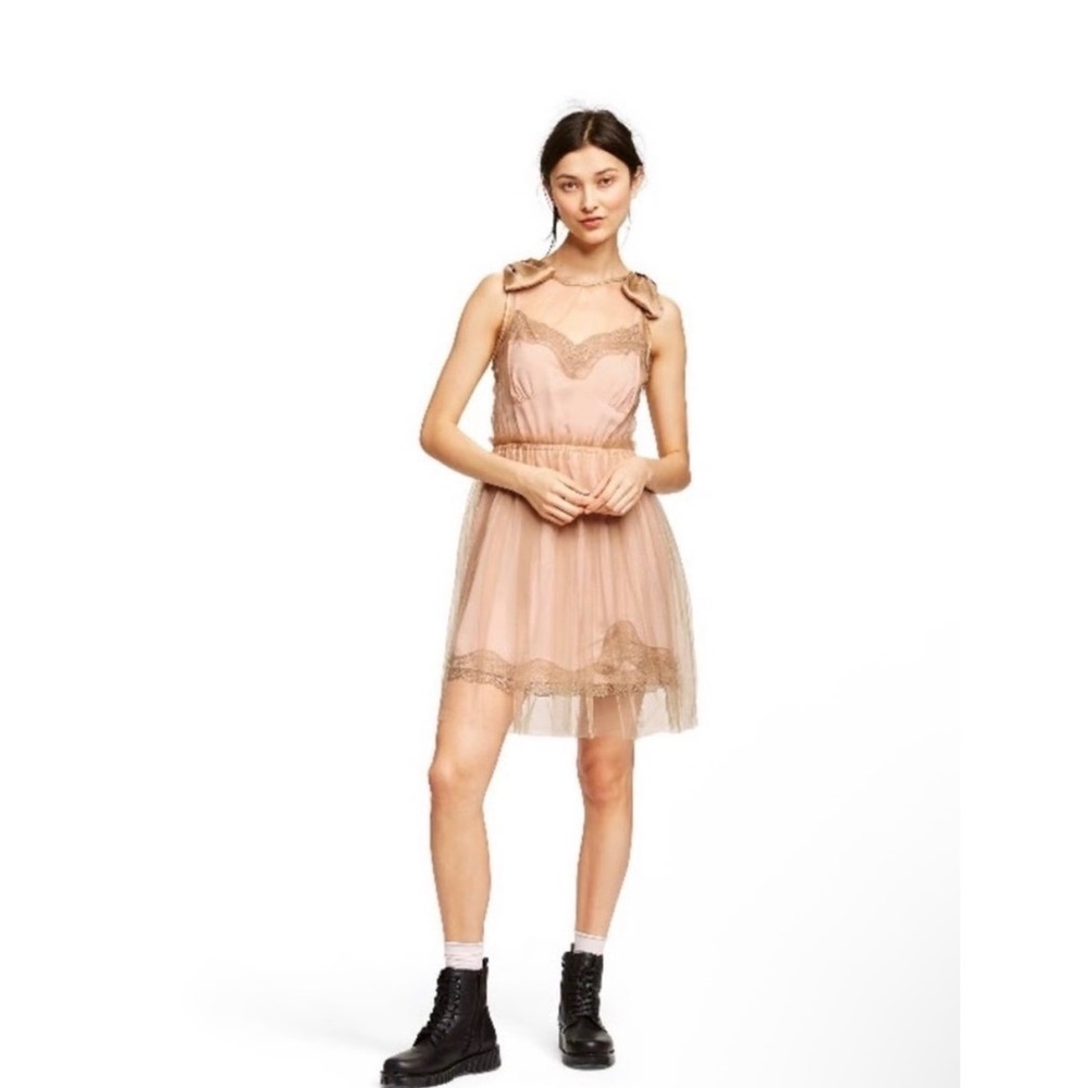Rodarte Mini Dress New Tulle Lace Slip Sleeveless Bows Peach Pink XS